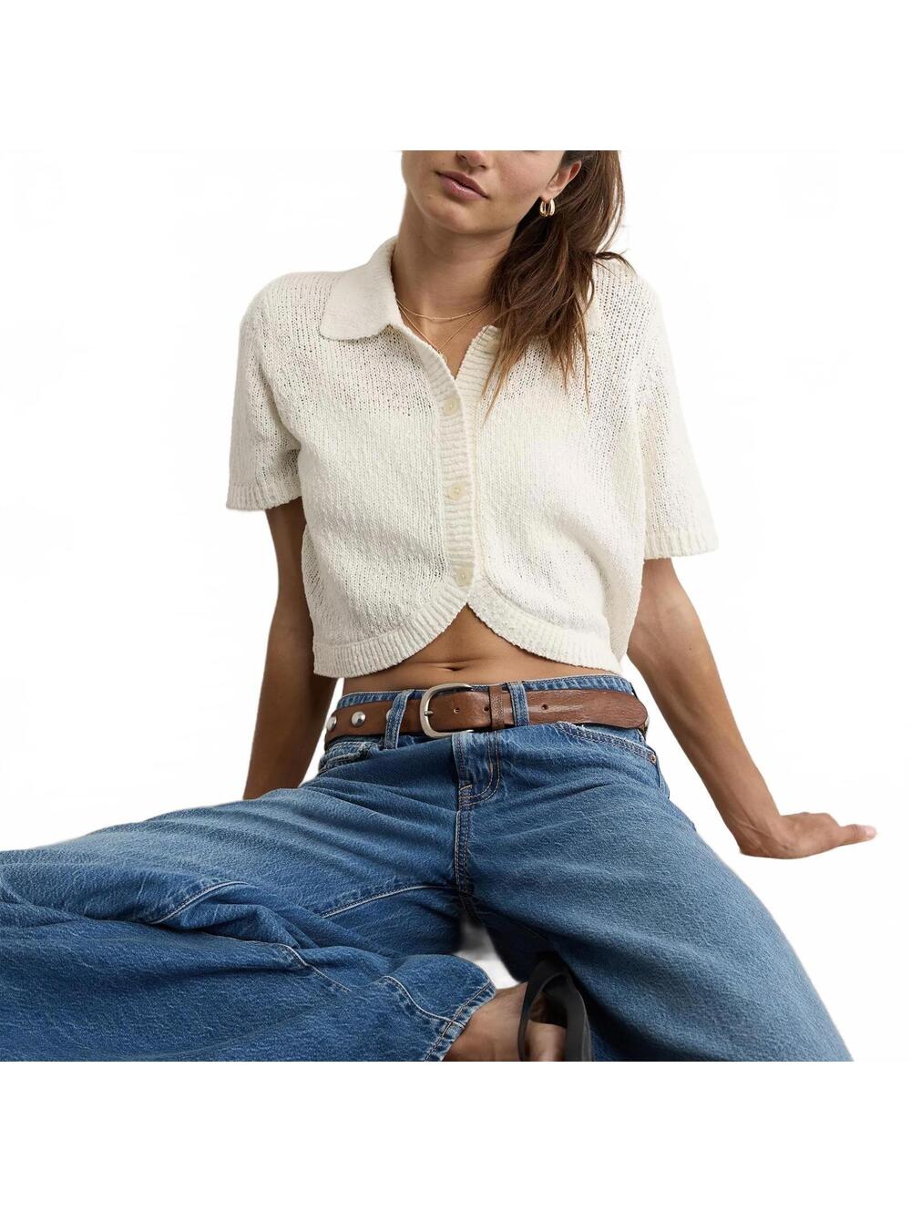 AE Cotton Short-Sleeve Collared Button-Up Cardigan American Eagle Cream NWT XL
